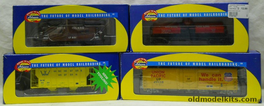 Athearn 1/87 95516 Winchester & Western PS 2600 Covered Hopper / 74313 Rock Island 4-Window Caboose / 7303 Crystal Car Line Single Dome Tank Car / 91256 Union Pacific 50' PD Youngstown Box Car - HO Scale plastic model kit